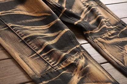 2026 Men's Fashion Vintage Jeans Slim Straight Leg Tie Dye Pleated Biker Denim Pants Male Casual Pants Oversized 42 High Quality