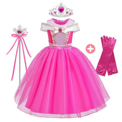 2025 Girls Princess Dress Up Fancy Elegant Rose Pink Cosplay Costumes Kids Sweet Birthday Party Carnival Party Dresses For 2-10Y