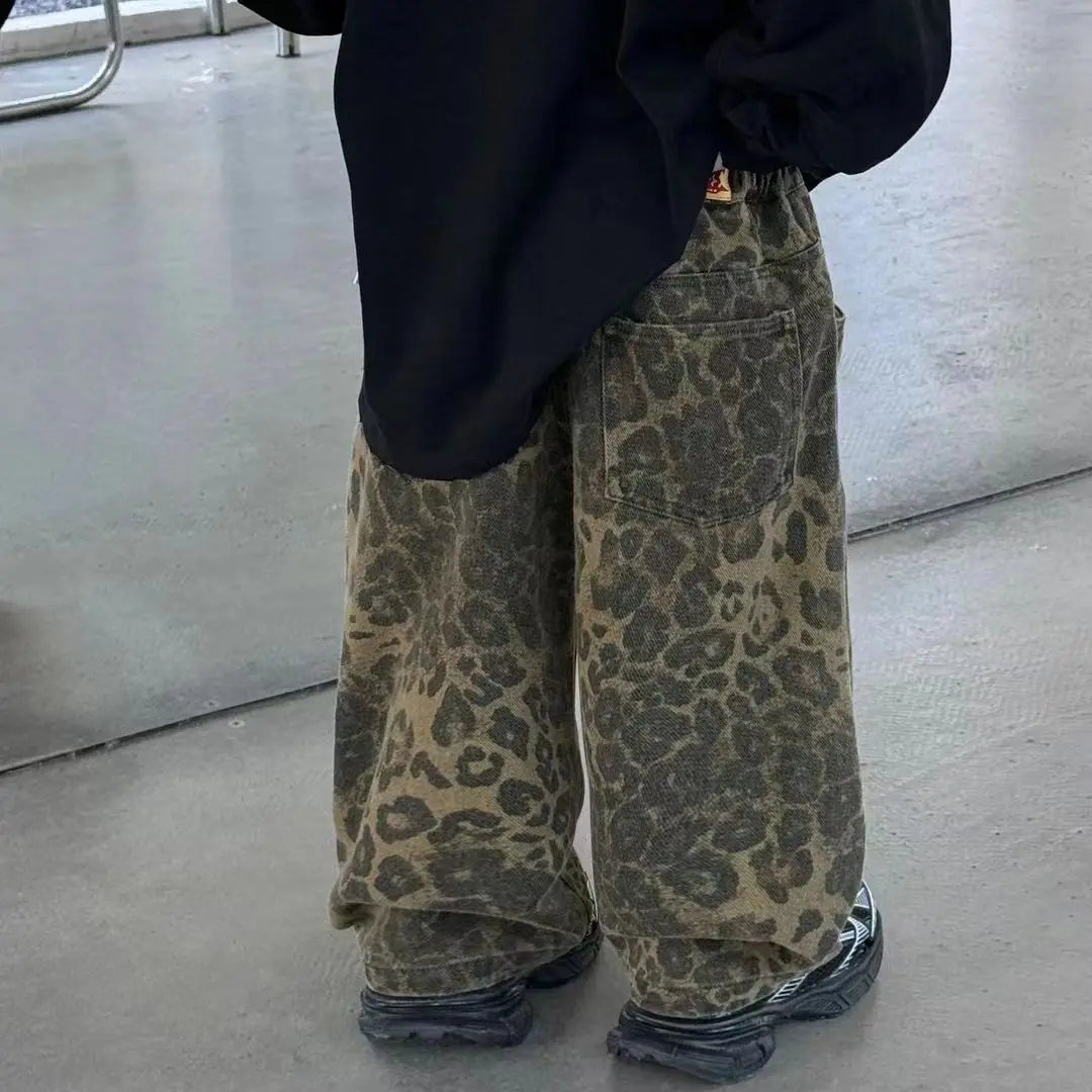 Boys Spring Autumn New Korean Children's Black Letter Sweatshirt + Leopard Vintage Denim Loose Pants Girl Kid Fashion 2pcs Set