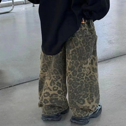 Boys Spring Autumn New Korean Children's Black Letter Sweatshirt + Leopard Vintage Denim Loose Pants Girl Kid Fashion 2pcs Set
