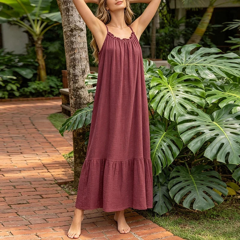 Vintage Muslin 100% Cotton Gauze Summer Dress Women Loose Sexy Sleeveless Ruched Long Maxi Desses Chic Vestidos