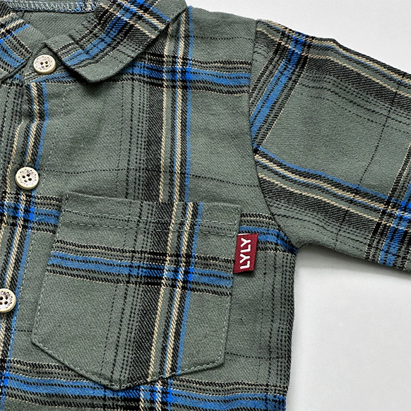 Baby boy clothes suits handsome plaid kids boys long-sleeved lapel shirt + denim trousers 2-piece set