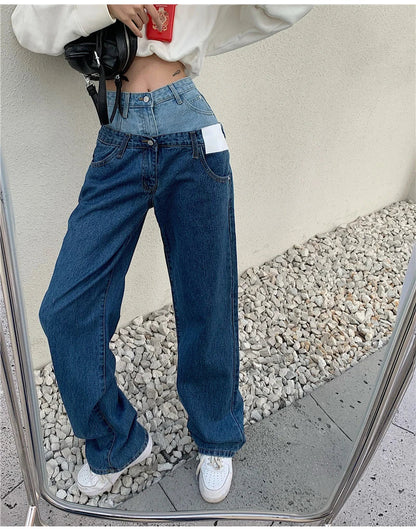 Stylish Fake Two Piece Jeans Women Patchwork Daddy Pants Female Baggy Jeans American Fashion Vintage Denim Pants Trousers Street