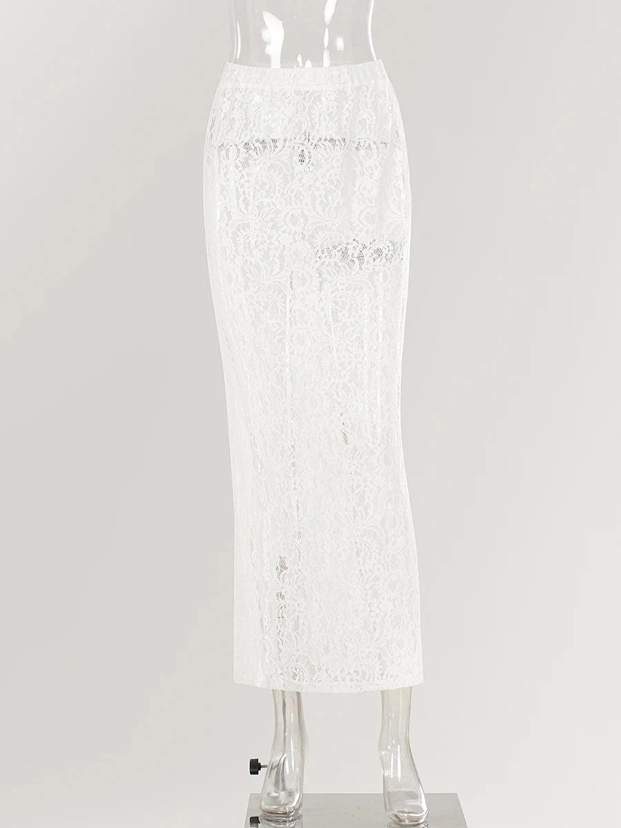 Lace Jacquard Transperant Skirt Women Summer New High Waist Sexy Casual Long Skirts 2025 Streetwear Fashion White Maxi Skirt