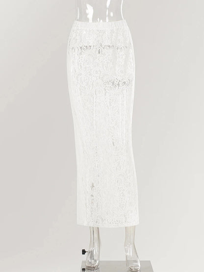 Lace Jacquard Transperant Skirt Women Summer New High Waist Sexy Casual Long Skirts 2025 Streetwear Fashion White Maxi Skirt