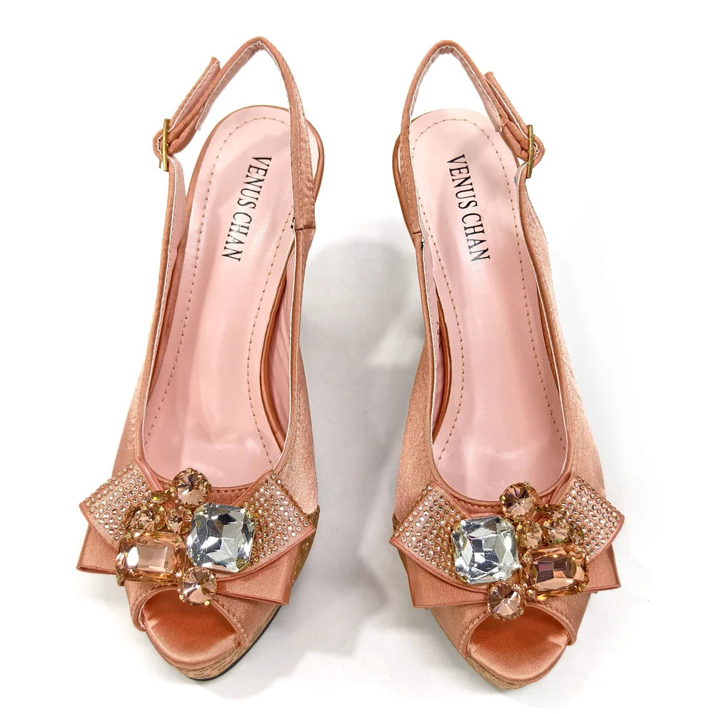 Shoes for Women High Heels INS Style Rhinestone Peep Toe Bow Gold Color New Italian Shoes and Bag for Party 2024