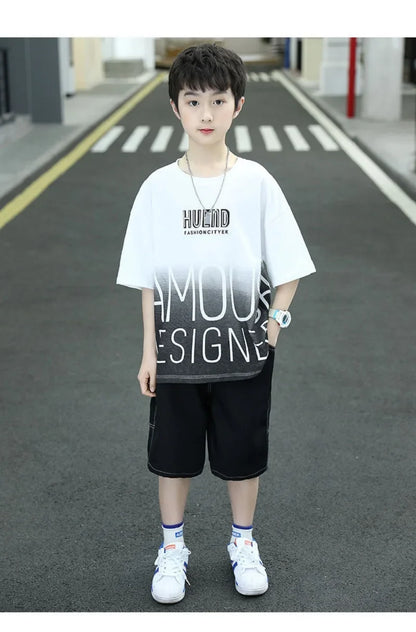 Summer Boys Cotton Contrast Alphabet t-Shirt Tops+Denim Shorts Pant School Kids Tracksuit Child 2PCS Outfit Workout Set 5-16 Yrs