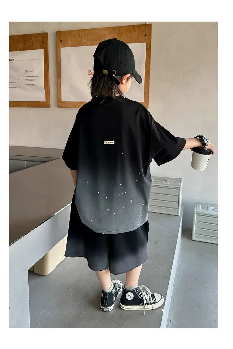 Summer Boys Cotton Leisure Star Print Gradient T-Shirt Top+Shorts Workout Set School Kids 2PCS Tracksuit Children Outfit 5-16 Yr