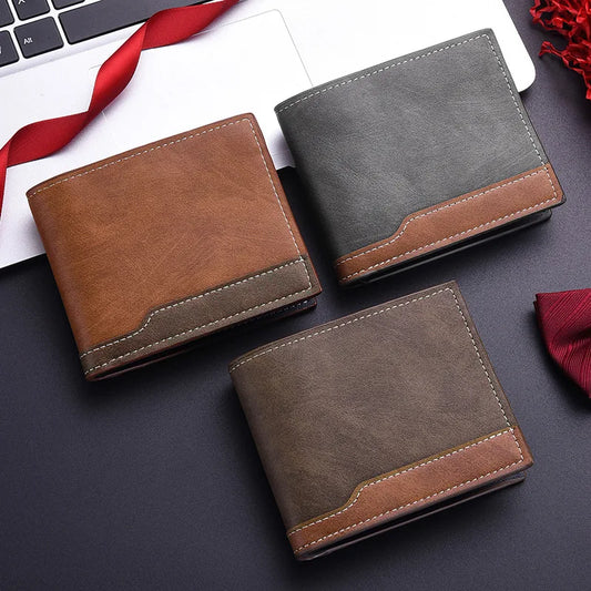 Nouveau portefeuille court en cuir PU pour hommes, conception à deux volets, style rétro noir/café, porte-monnaie avec porte-carte d'identité, convient aux hommes