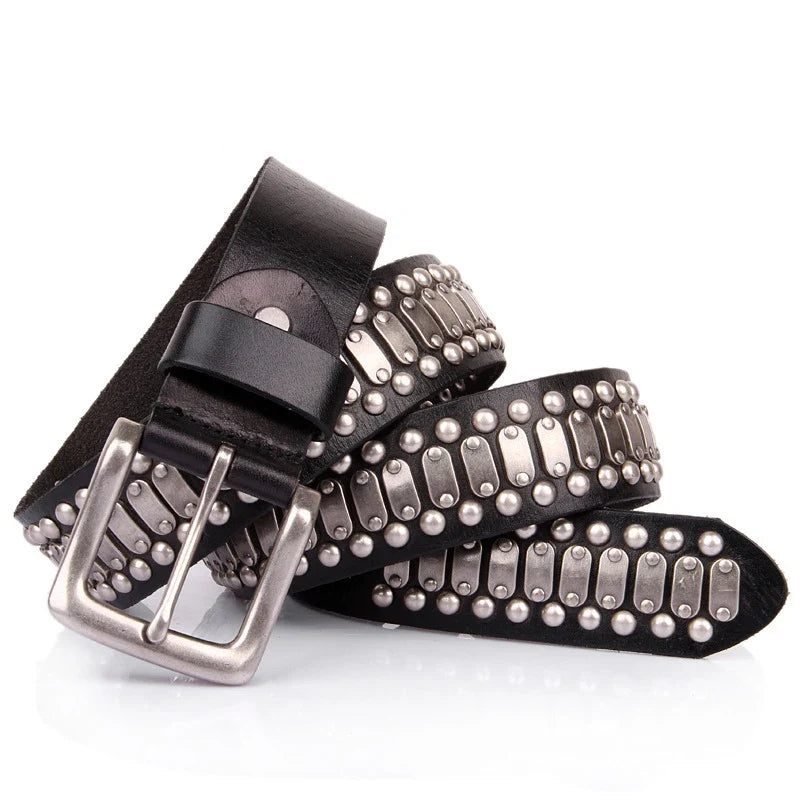 3.8CM Real Genuine Leather Belt Metal Pin Buckle Men Belt Male Wide Cowhide Hiphop Rock Rivet Belts for Men Ceinture Black