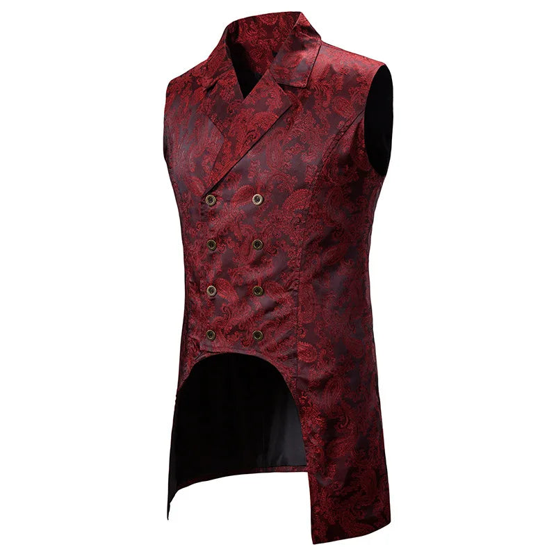 2026 Eur-Usa Fashion Elegant Jacquard Mid Length Tailcoat Vest for Men, Navy Blue Vintage Gothic Sleeveless Palace Men's Tuxedo