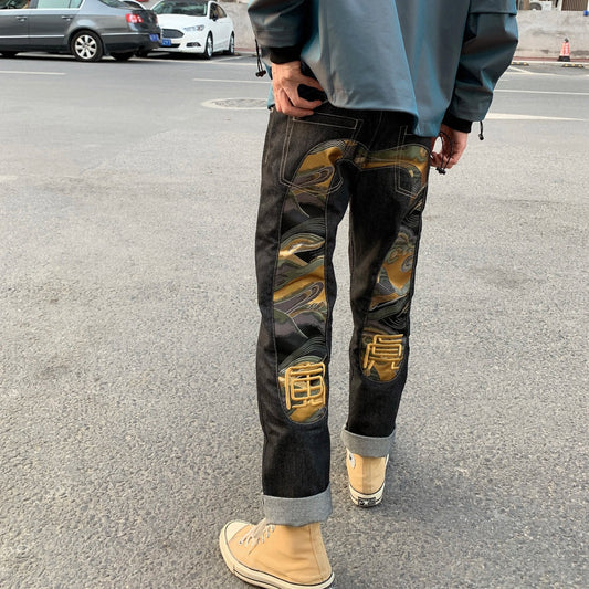 Men's Japanese Handmade Embroidered Cotton Jeans Straight Tube Slim Fit Hip-Hop Trousers Red Ear Detail Devil Big M Golden Text