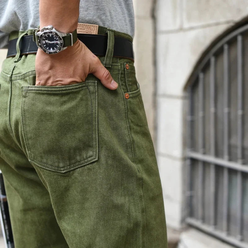 Men Jeans Vulcanization Olive Green 107 Selvedge Denim Jeans Men Washed Slim Fit 14 Oz Zipper Fly