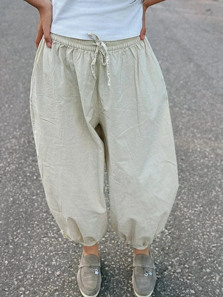 Summer Cotton Oversized Pants For Women Blue Baggy Aladdin Trousers Elastic Bloomers Navy Blue Cropped Lantern Harem Pants Woman