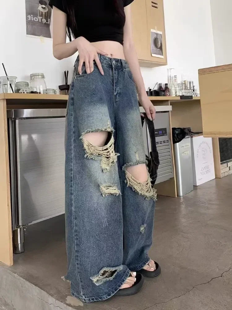 Casual Denim Pant Women Jeans Vintage Straight Trousers Autumn Spring Fashion Female Blue Wide Leg Pants Hole Jeans