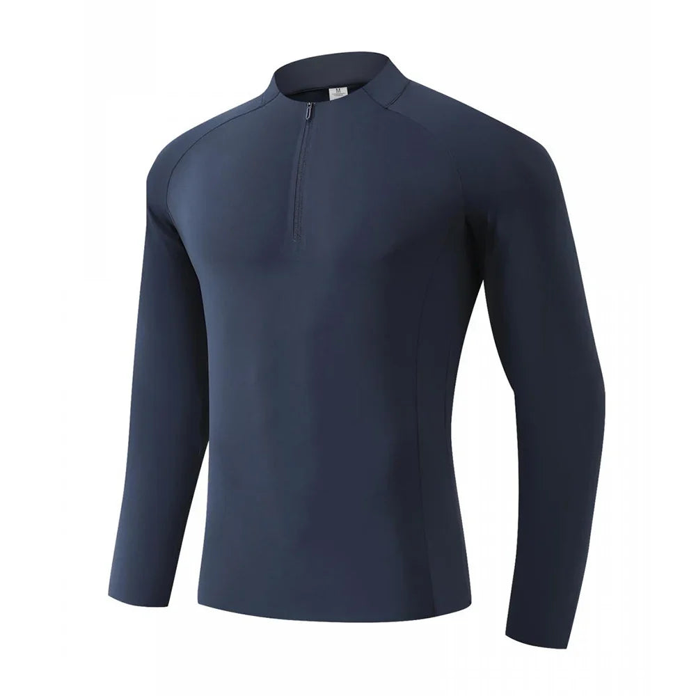 Autumn Winter Outdoor Half-zipper Stand-up Collar Quick-drying Sports Long-sleeved Gym Fitness Running Training Suit T-shirt Men