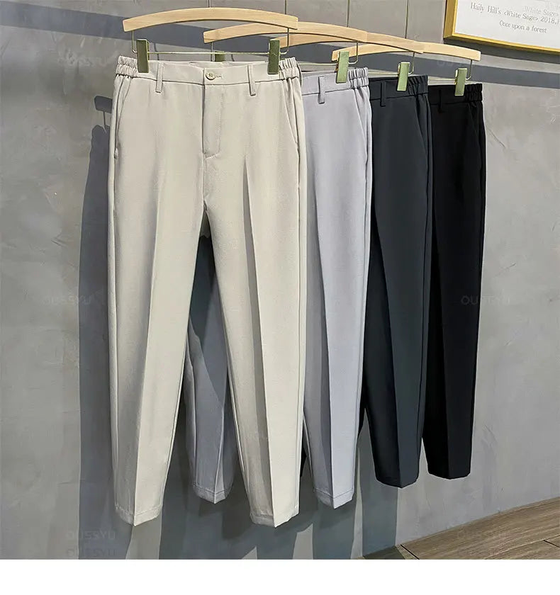 Summer Men's Casual Pants Suit Pant Slim Fit Work Elastic Waist Thin Jogging Business Trousers Male Black Grey Plus Size 40