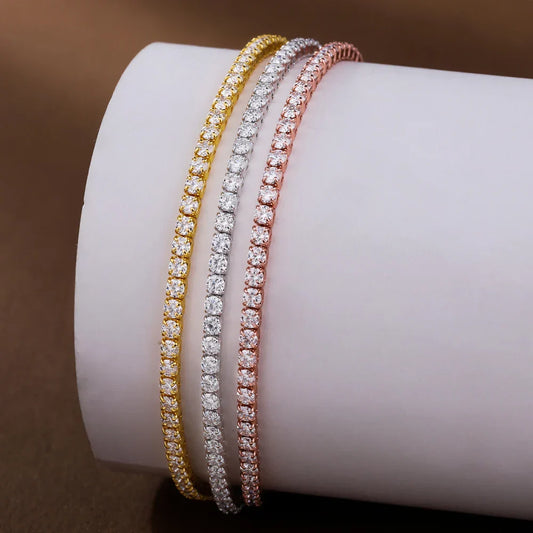 Bracelet de tennis rond de 2 mm en moissanite avec diamants pour femme, en argent sterling 925 plaqué or 18 carats, chaîne de poignet réglable, bijou