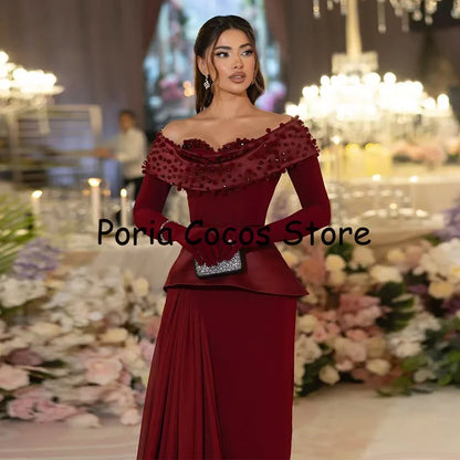 Mermaid Saudi Dress Trumpet Long Sleeves Off The Shoulder Floor Length Women's Evening Dresses Beading Wedding Party Dress