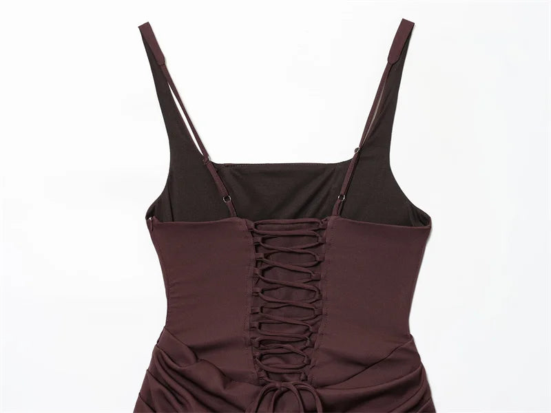 Women's Dress 2025 Autumn New Arrivals Reddish-Brown Spaghetti Strap Sexy Bodycon Mini Dress with Tie Details Stylish and Unique