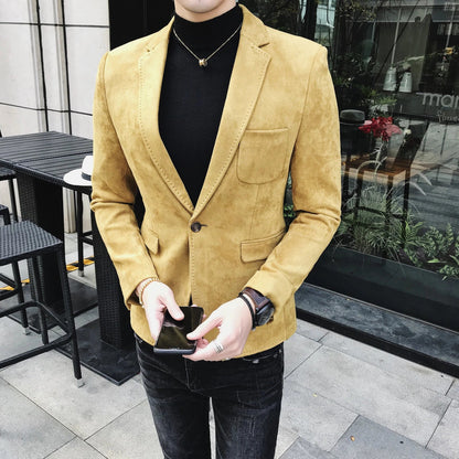 Blazer Hombre Men's Casual Slim Fit Deerskin Velvet Suit Jacket High-quality Korean Luxury Formal Solid Color Suit 6 Colors