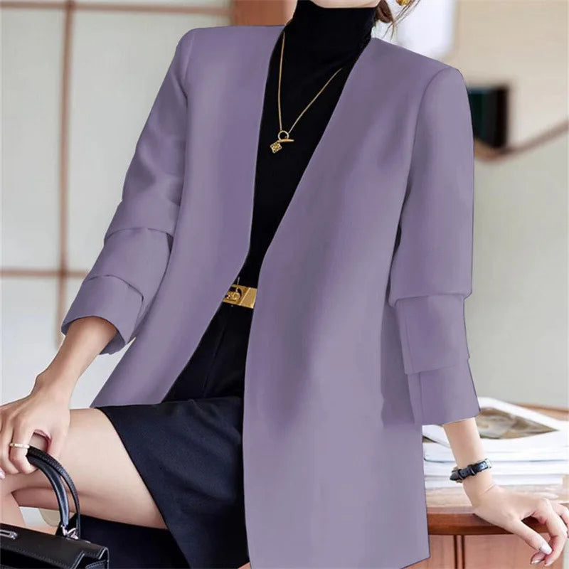 Fashionable Versatile Spring Autumn Women's Blazer Jacket Korean Style Street Style Long Sleeve Suit Coat Pure Color Commute...