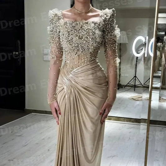 Gorgeous Mermaid Women's Square Neck Beaded Evening Dresses Customized Vestidos Para Mujer Prom Gowns Long Sleeve Robe De Soirée