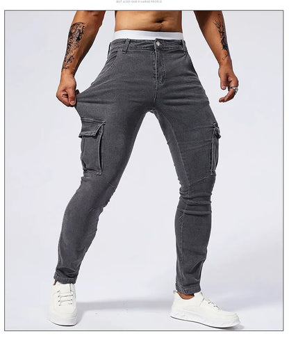 Slim Fit Large Pocket Jeans Cargo Pants for Men Fashionable Casual Hip Hop Stretch Denim Long Pants Male Streetwear Track Pants