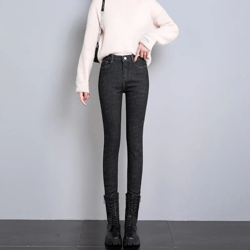 2023 Fashion Women Stretch High Waist Pencil Pants Casual Female Velvet Jeans High Quality Fleece Mom Jeans Thick Plush Pants