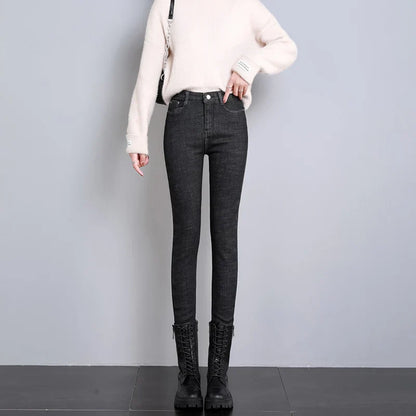 2023 Fashion Women Stretch High Waist Pencil Pants Casual Female Velvet Jeans High Quality Fleece Mom Jeans Thick Plush Pants