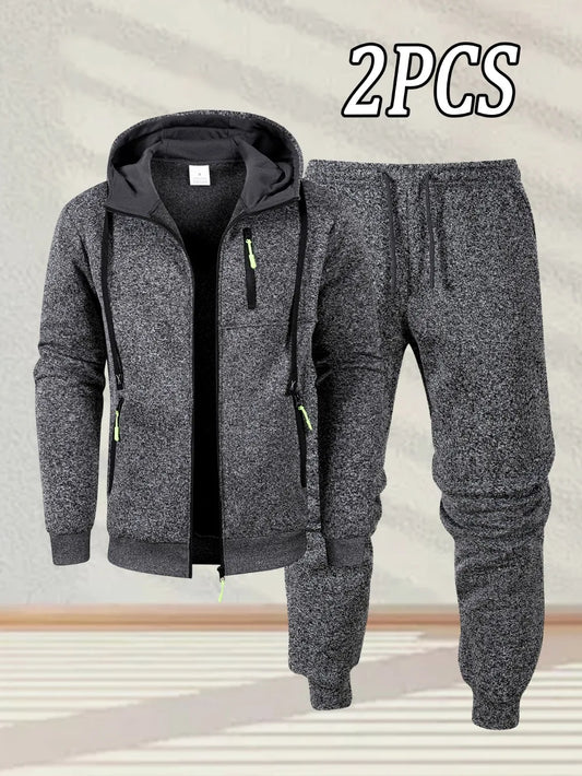 New Men's Casual Sportswear Autumn Solid Color Daily Sweatshirts Sweatpants Jogging Tracksuit Zipper Hooded Jacket and Pants Set