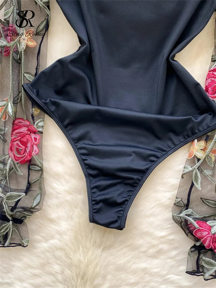 Vintage Embroidery Gauze Sexy Bodysuits Stand Collar Long Sleeve Playsuits Fashion Spliced Women Open crotch Rompers
