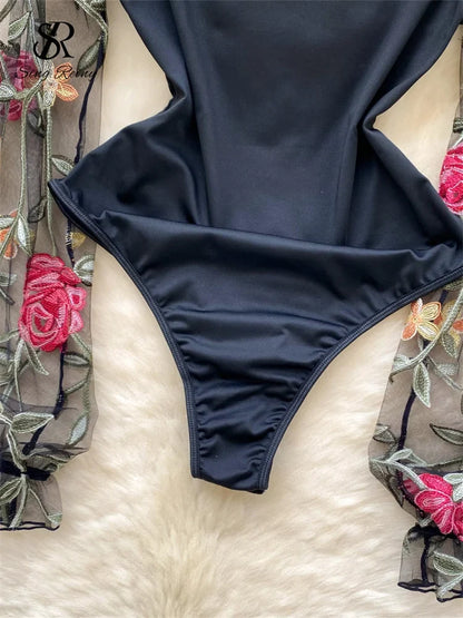 Vintage Embroidery Gauze Sexy Bodysuits Stand Collar Long Sleeve Playsuits Fashion Spliced Women Open crotch Rompers