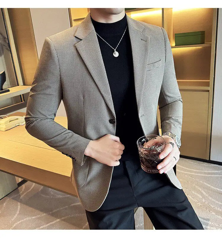 Korean Vintage Elegant Men's Business Slim Fit Suit Jacket 2026 New Fashion Lapel Single Breasted Men Social Party Dress Coats