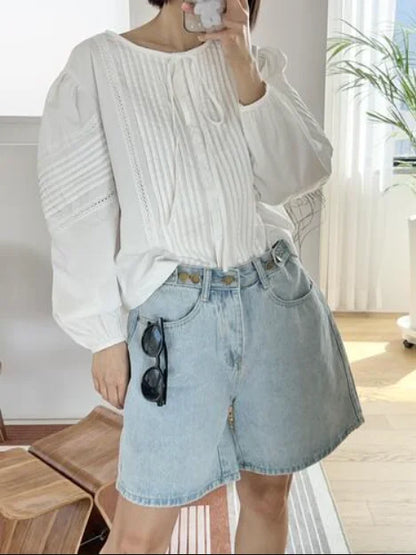 New 2024 Summer Denim Shorts For Women High Waist Sky Blue Color Wide Leg Loose Buttons Streetwear Loose Jean Shorts Women