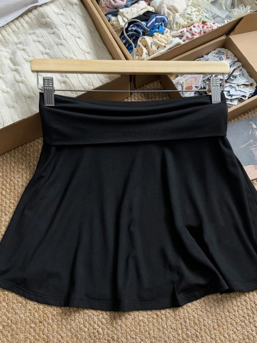 Black Foldover Mini Skirts Woman Elastic Low Waist A-line Short Faldas Summer Casual Simple Solid Preppy Style All-match Skirt