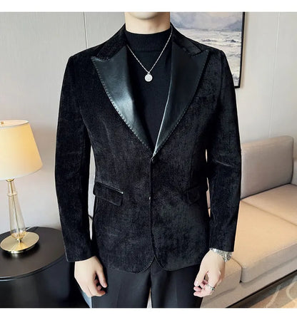 Splicing Leather Neck Fashion Suit Jacket Luxury Men's Business Slim Fit Social Formal Blazers Coats Wedding Groom Tuxedos 5XL-M