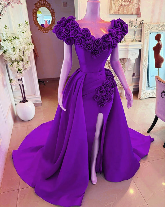 RFYR Off Shoulder Evening Dress A-Line Prom Dress 3D Flowers Embroidery Satin High Slit Celebrity Gala Dresses Customized