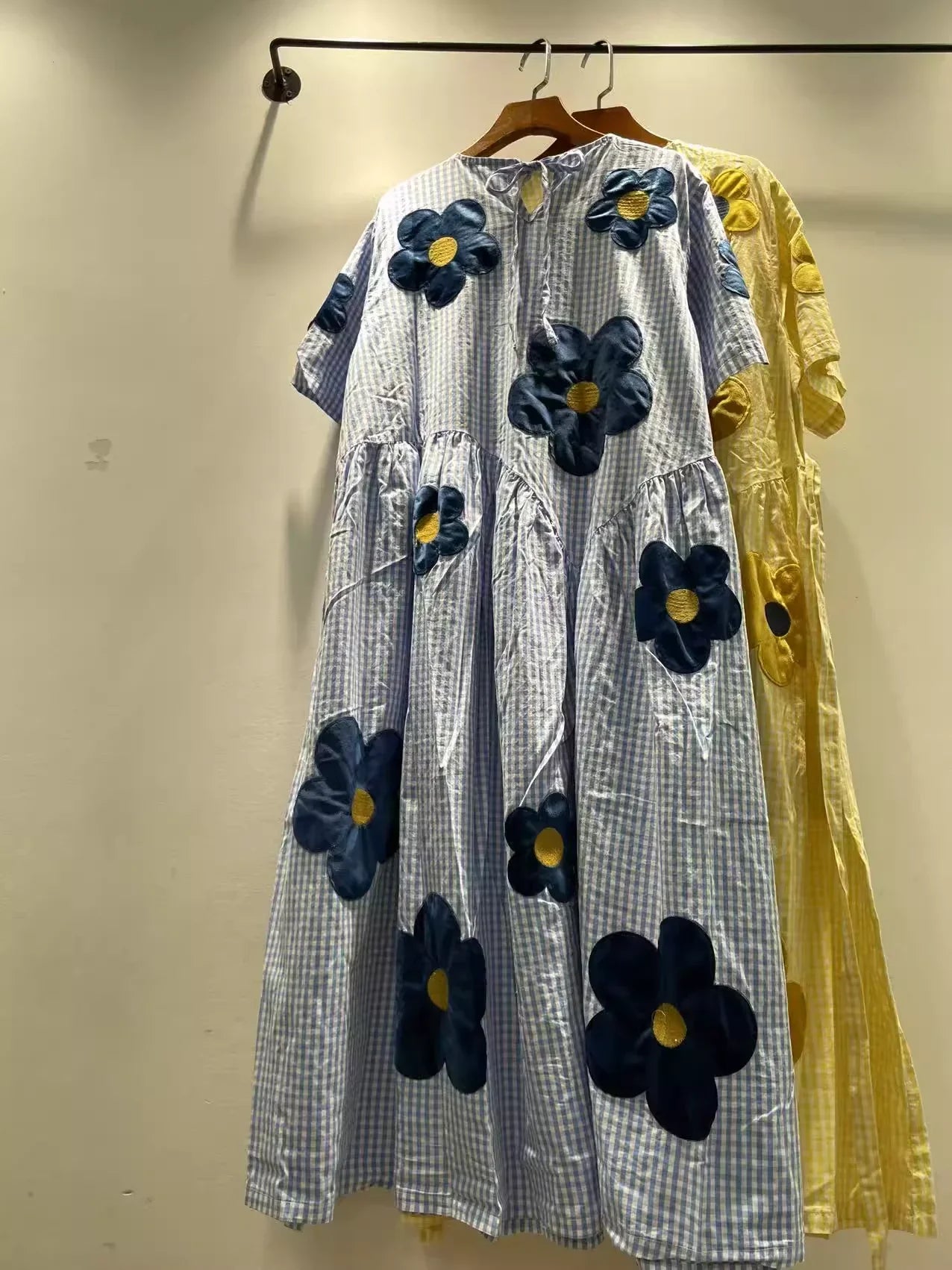 2026 Mori girl sweet blue yellow striped floral embroider patchwork dress for women summer Japan style 100% cotton long dress