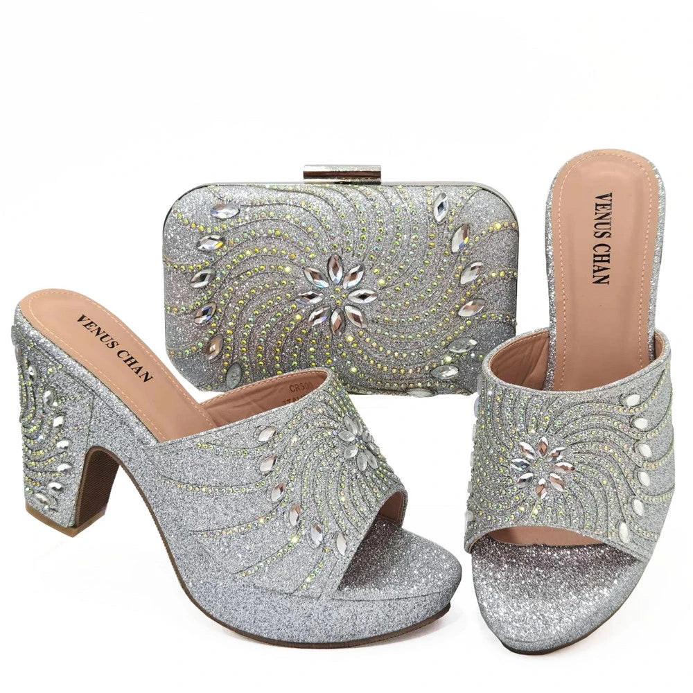 2023 The Latest Italian Design Rotary Rhine-Diamond Floral Thick Heel Platform Women's Comfortable Shoes Bag and Shoe Set