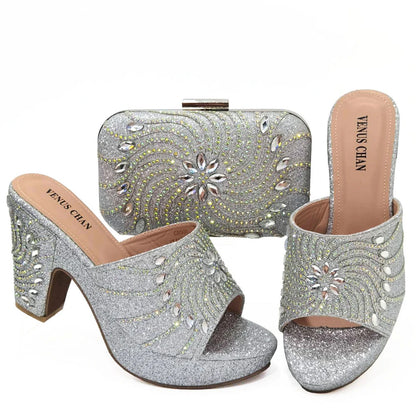 Women's Shoes High Heels Sexy Ladies Party Wedding Pattern Embroidery Mules Shoes and Bags Set for Italian 2023