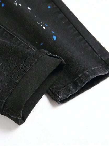 Men y2k Stretchy Skinny Denim Jeans For Men Casual pants Ripped Patchwork Hole Slim Fit Denim Hip Hop Black Straight Trousers