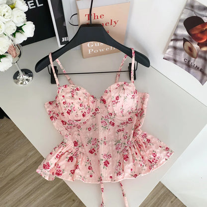 French Corset Print Beach Tank Top Female Strap Irregular Slim Hotsweet Camis Streetwear Vacation Bohe Sexy MIni Top