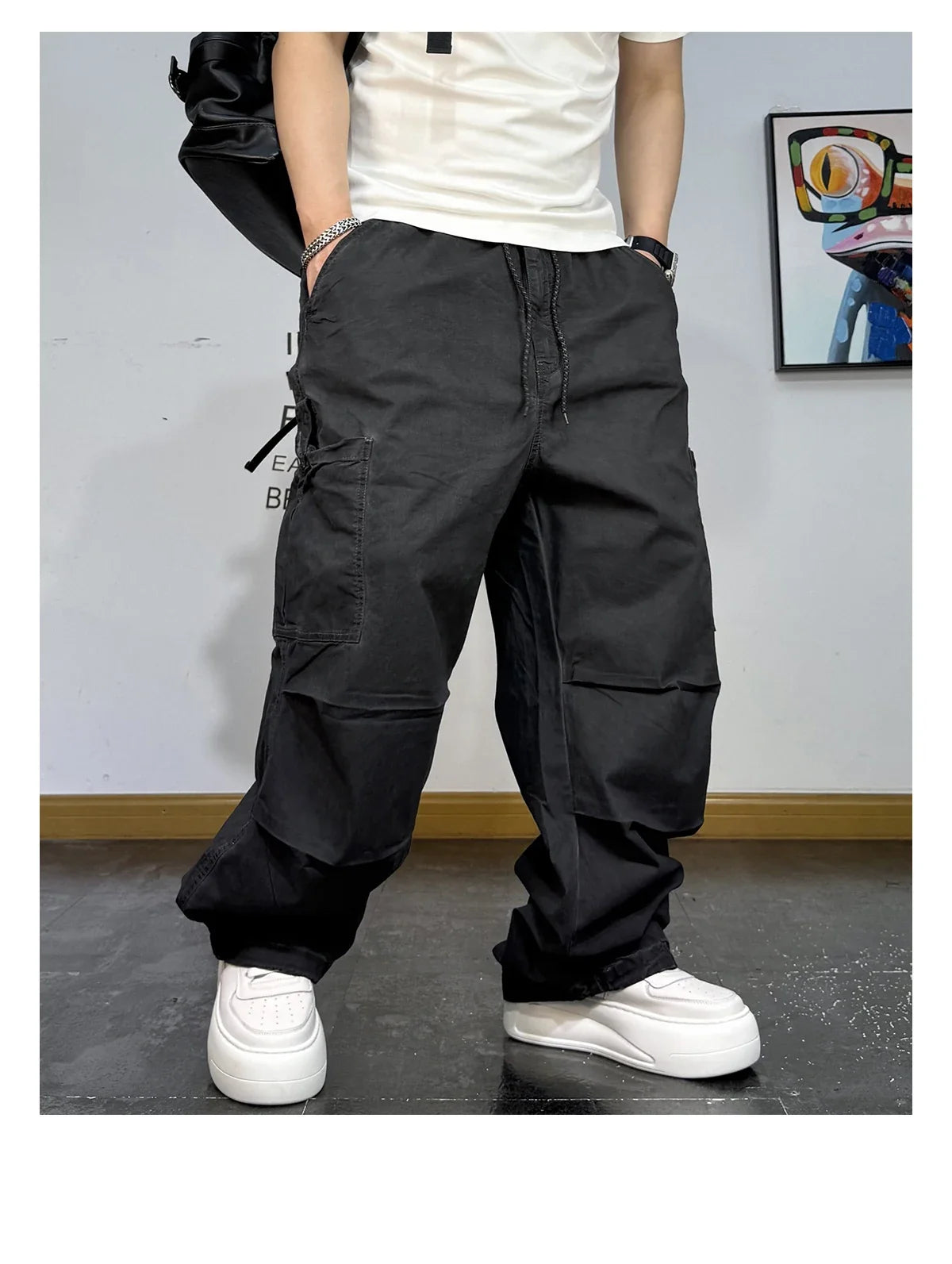 Mens American Vintage Baggy Cargo Pants Multi Pocket Distressed 100% Cotton Straight Leg Loose Fit Premium Quality Pants Trendy
