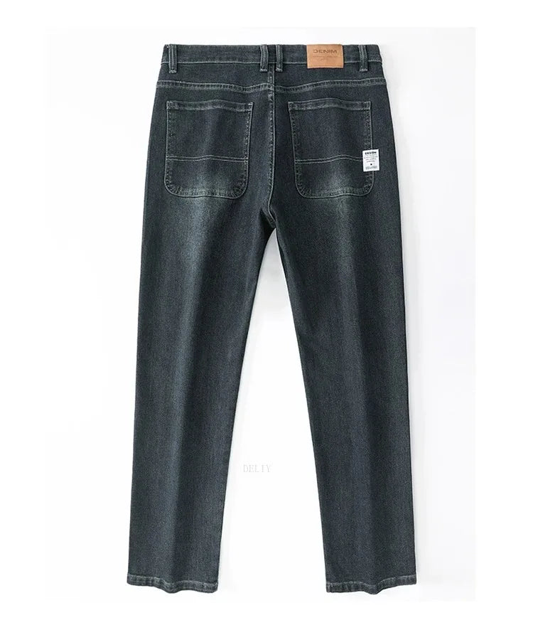 Autumn Winter  Brand New High Waist Jeans Classic Business Casual Office Men's Fashion Stretch Slim Denim Jeans Navy Blue