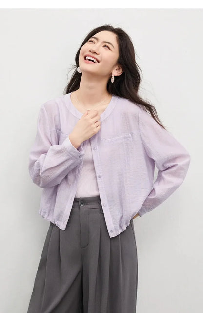 Women's Oversized Lyocell Shirt 2026 Spring Summer Round Neck Long Sleeve Drawstring Sheer Casual Top 161WB5014