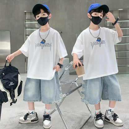 2025 New Summer Clothing Set for Kids Boy Luxury Summer Suit Children Cotton T-shirt And Denim Shorts 2 Pieces Tracksuit Outfit