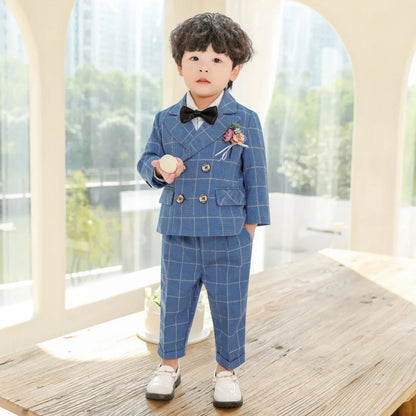 Blue Plaid Party Tuxedo 2 Pieces Blazer Pants With Bow-tie For Kids,Double Breasted Boys Suit Set Wedding Clothes