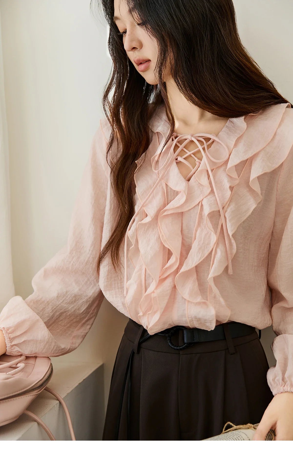 Pink Ruffled Blouse for Woman 2025 Autumn New Elegant Sweet V-neck Lace-up Design Shirt Lantern Sleeves Top MXE49X2504