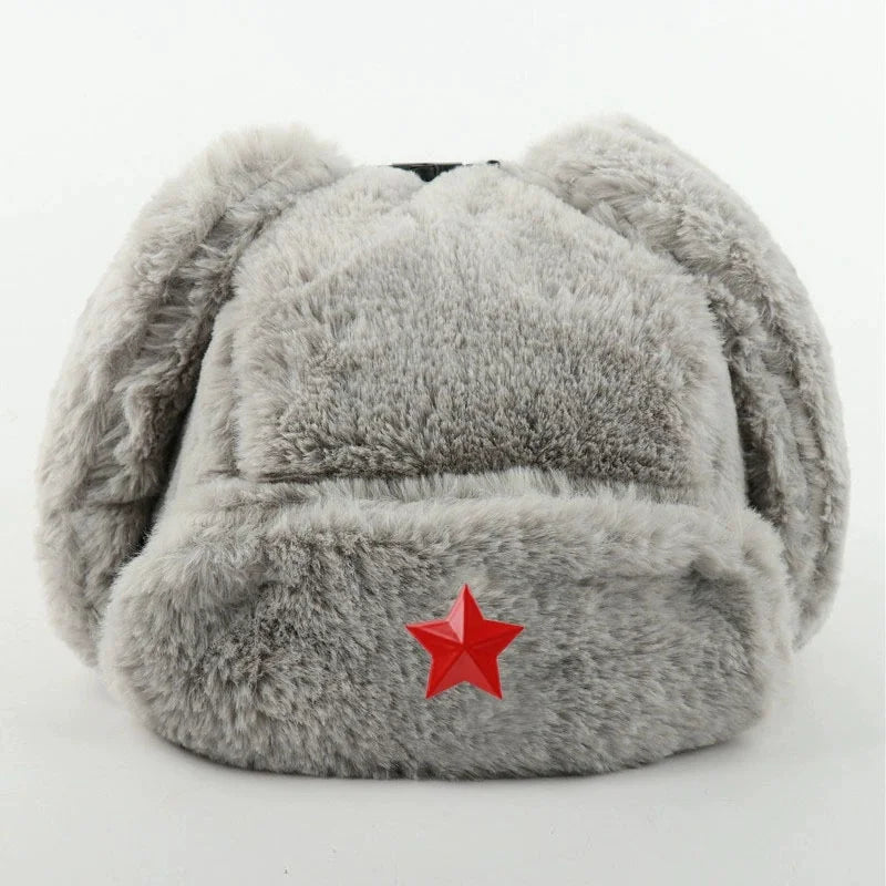 Soviet Army Military Badge Russia Ushanka Bomber Hats Pilot Trapper trooper Hat Winter Faux Rabbit Fur Earflap Men Snow Caps